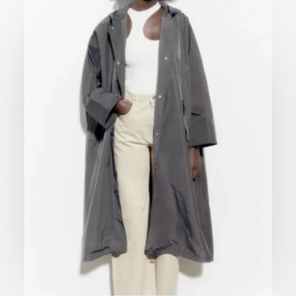 NWT Zara The Amanda Oversized Charcoal Gray Hooded Raincoat Jacket M/L - Picture 3 of 14
